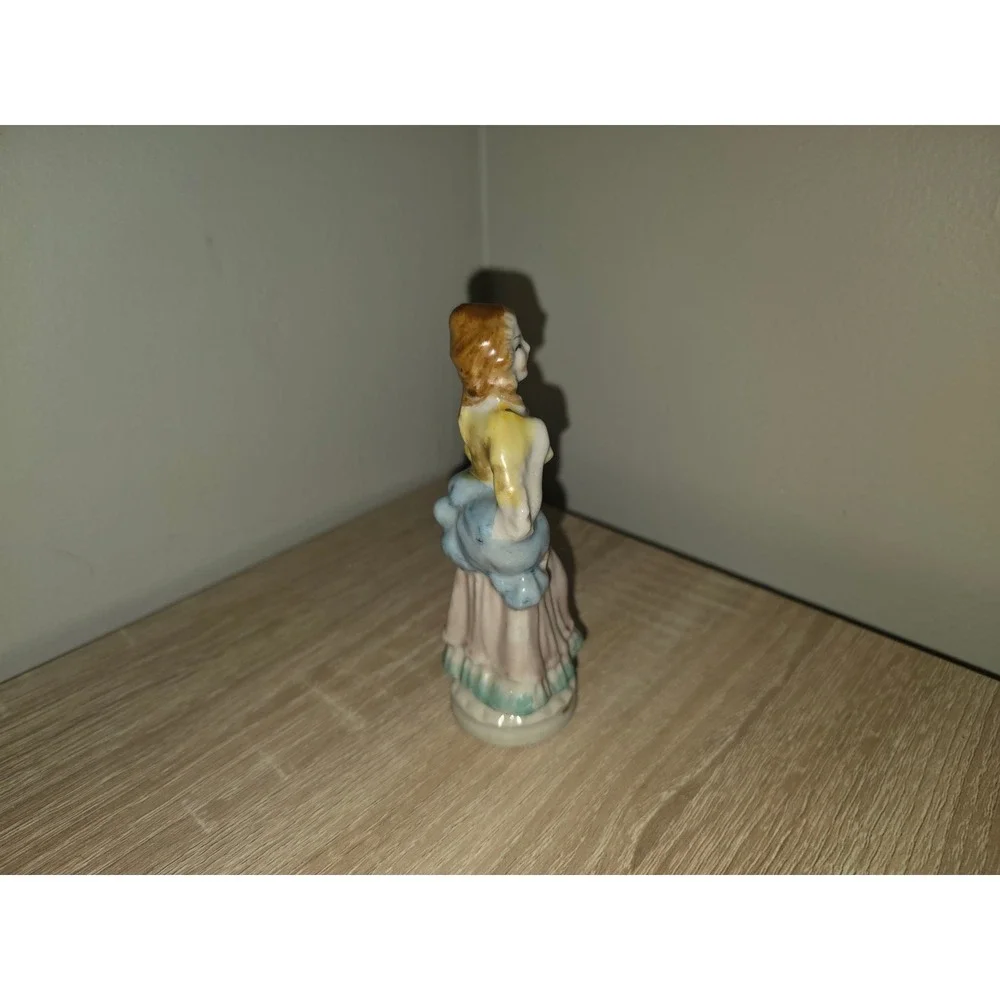 Vintage Hand Painted Porcelain Colonial‎ Lady Figurine Blue Pink Yellow Japan